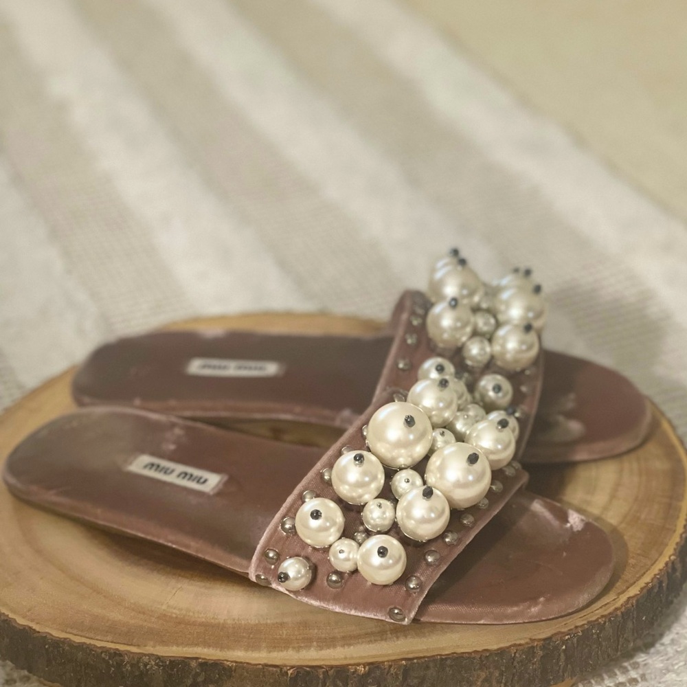 Miu Miu Pink Velvet Faux Pearl & Stud Slides